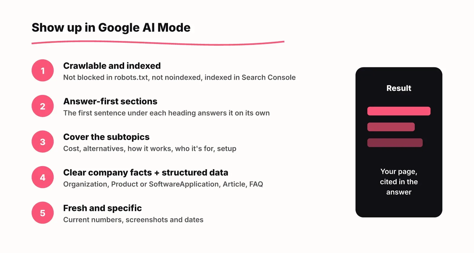 Five-step checklist for showing up in Google AI Mode: crawlable and indexed, answer-first sections, cover subtopics, clear company facts and structured data, fresh and specific pages