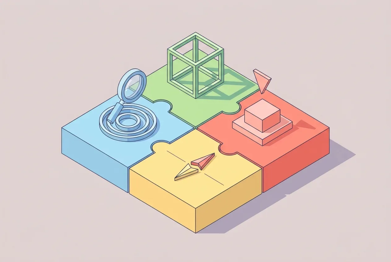 Four interlocking geometric modules representing keyword intent, site architecture, competitor analysis, and rank tracking.
