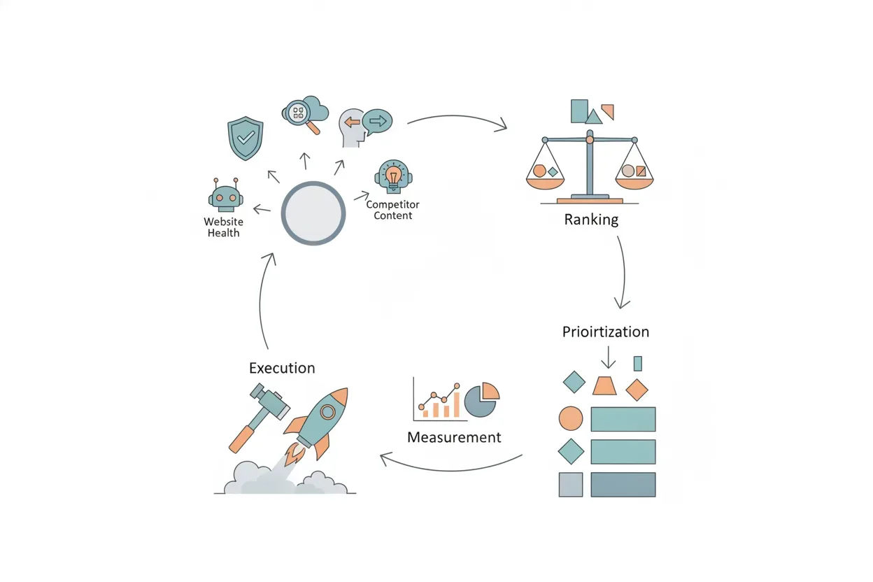 A five-stage cyclical diagram illustrates the continuous process of a growth engine, from discovery to measurement.