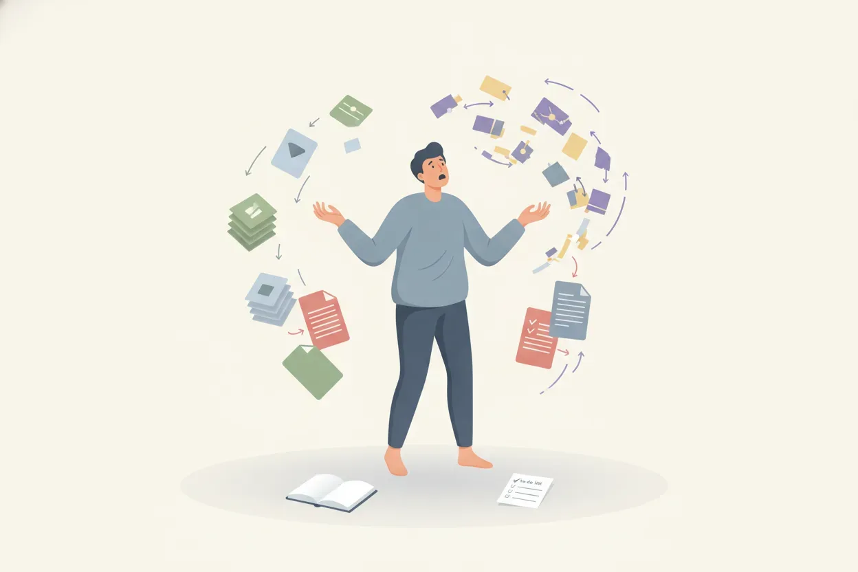 An abstract figure is overwhelmed by a deluge of unorganized data reports, symbolizing analysis paralysis.