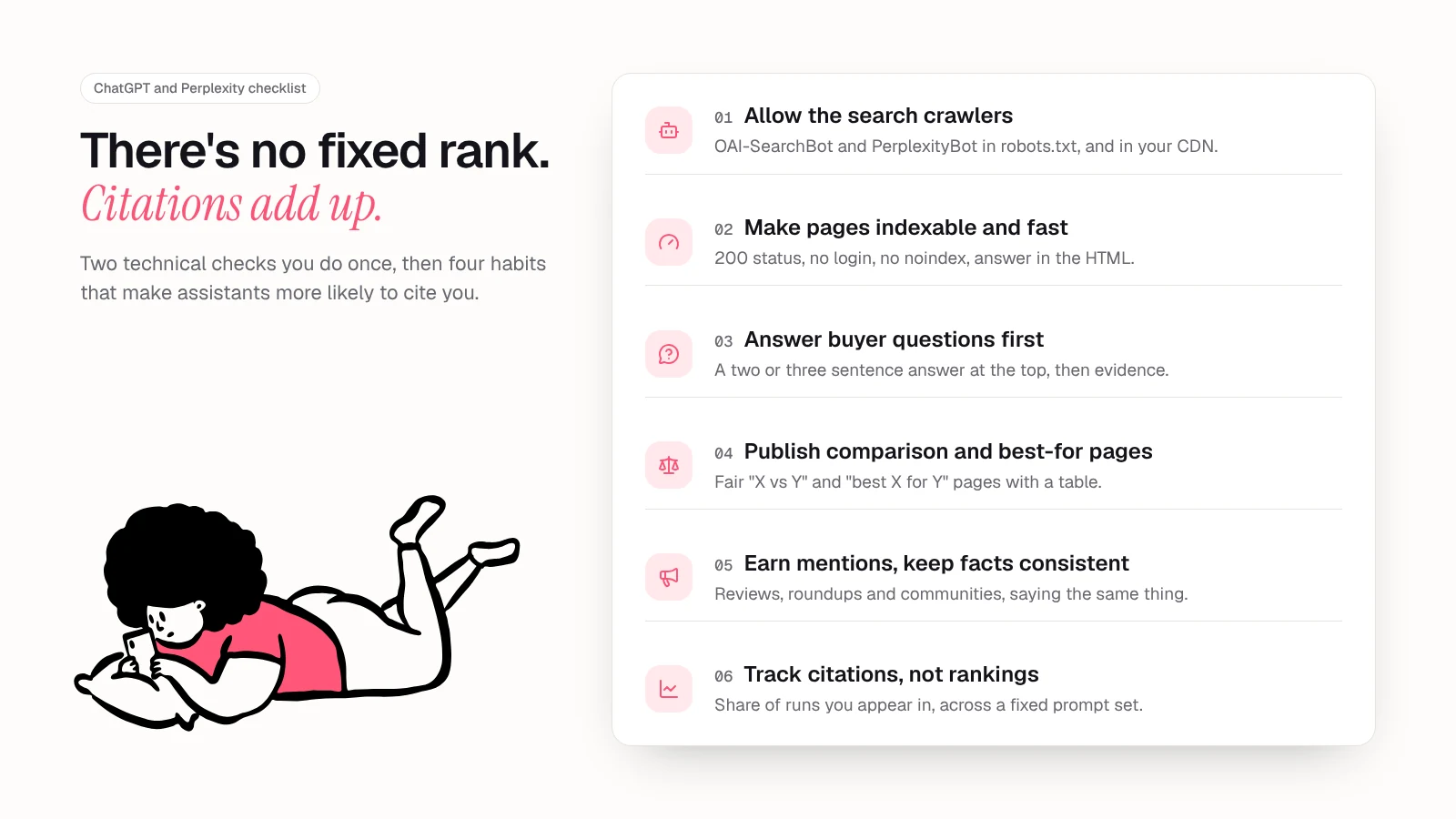 Checklist card of six steps to get cited by ChatGPT and Perplexity: allow the search crawlers, make pages indexable and fast, answer buyer questions first, publish comparison and best-for pages, earn mentions and keep facts consistent, track citations over time